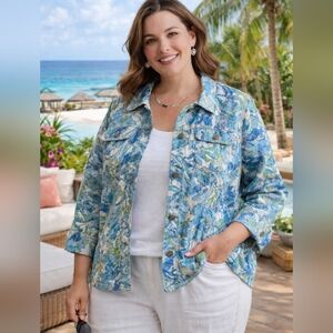 CJ Banks Blue Green Floral Textured Jacket 2X Plus Size Lightweight Shirt Jacket